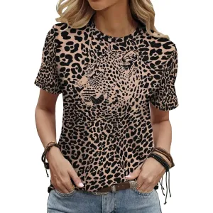 Women Fashion Casual Leopard Print V-Neck Short Sleeve T-Shirt