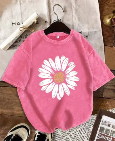 Women Fashion Casual Washed Old Daisy Print Round Neck Short Sleeve T-Shirt