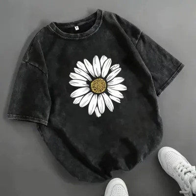 Women Fashion Casual Washed Old Daisy Print Round Neck Short Sleeve T-Shirt