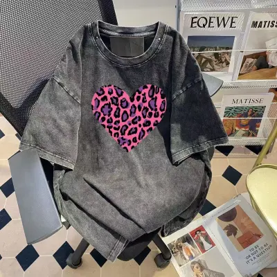 Women Fashion Retro Washed Old Leopard Heart Short-Sleeve T-Shirt