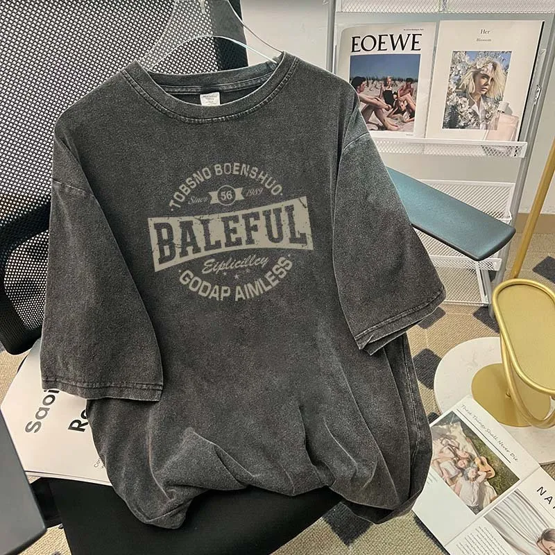 Women Fashion Casual Washed Printed Short-Sleeved Loose T-Shirt