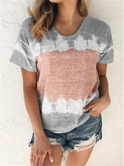Women Fashion Casual Summer Color Block Round Neck Short-Sleeved Loose T-Shirt