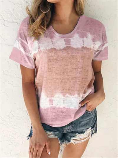 Women Fashion Casual Summer Color Block Round Neck Short-Sleeved Loose T-Shirt
