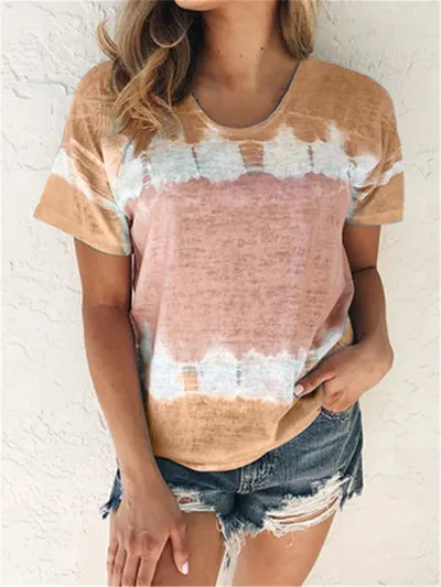 Women Fashion Casual Summer Color Block Round Neck Short-Sleeved Loose T-Shirt