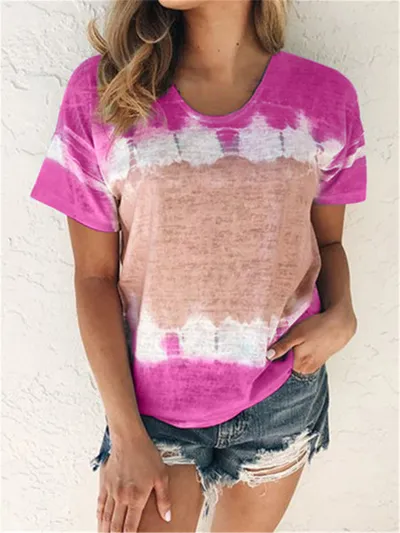 Women Fashion Casual Summer Color Block Round Neck Short-Sleeved Loose T-Shirt