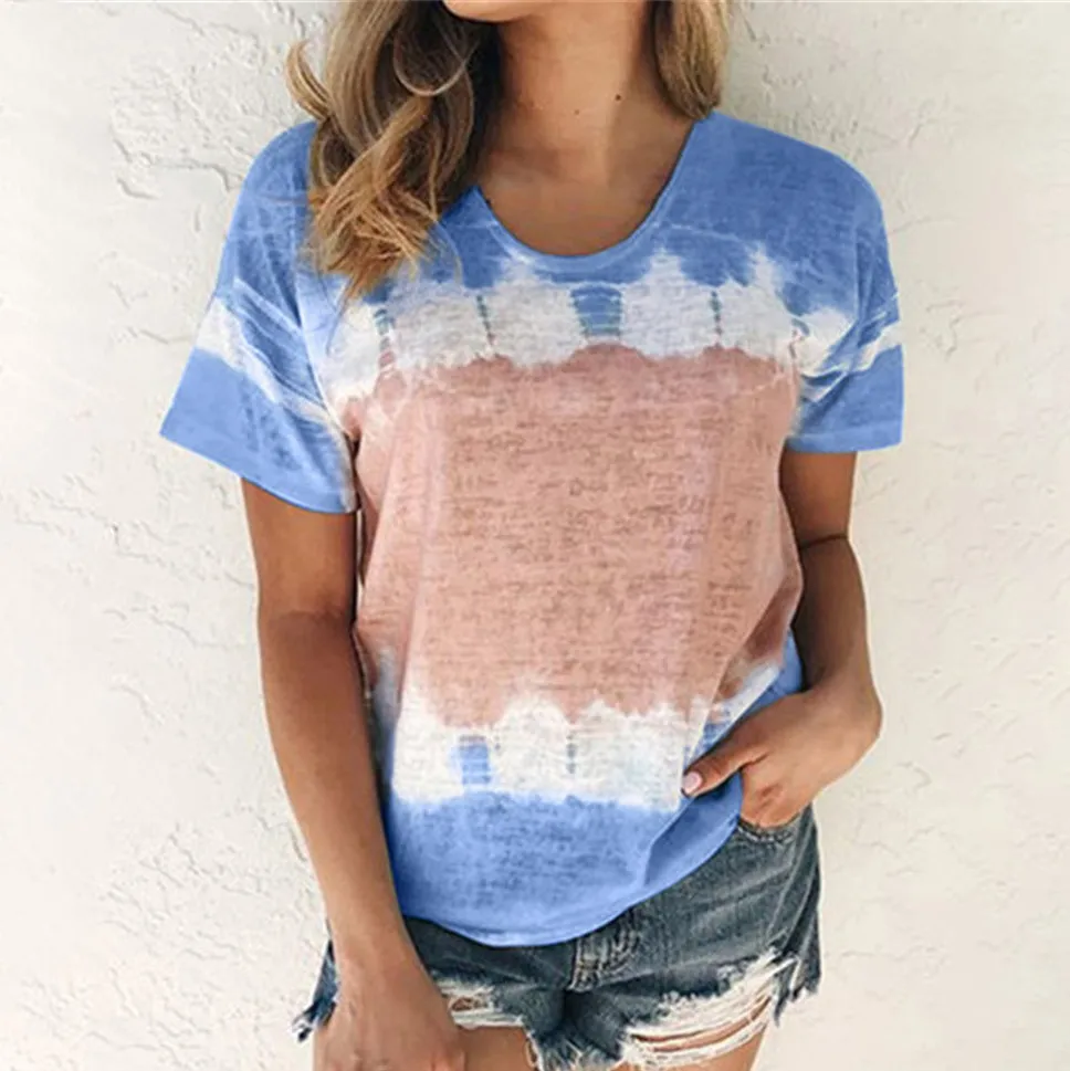 Women Fashion Casual Summer Color Block Round Neck Short-Sleeved Loose T-Shirt
