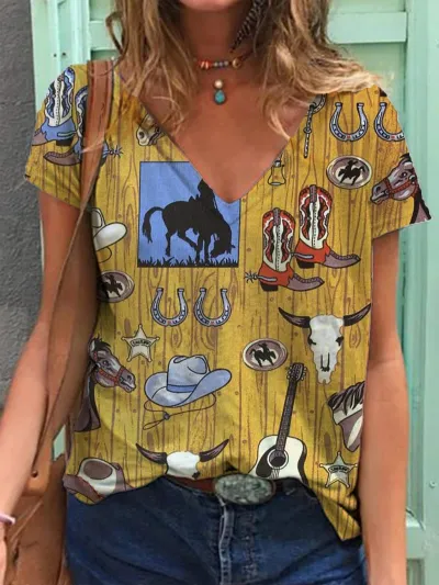 Women Fashion Casual Retro Western Cowboy Print V-Neck Short Sleeve T-Shirt