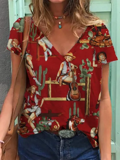 Women Fashion Casual Retro Western Cowboy Print V-Neck Short Sleeve T-Shirt