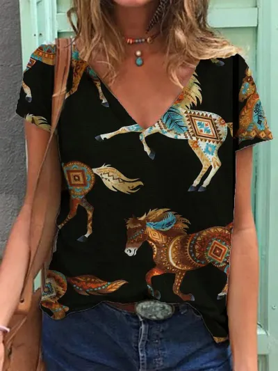 Women Fashion Casual Retro Western Cowboy Print V-Neck Short Sleeve T-Shirt