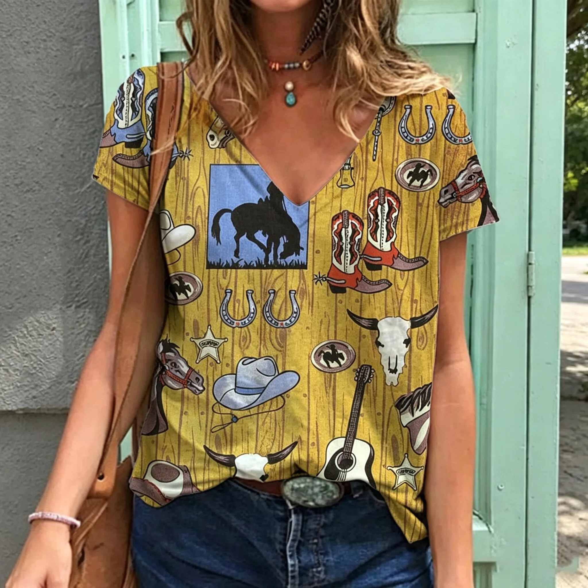 Women Fashion Casual Retro Western Cowboy Print V-Neck Short Sleeve T-Shirt