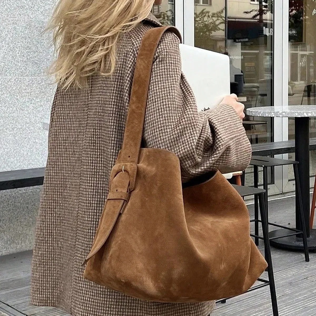 Women Fashion Casual Retro Solid Color Large Capacity Corduroy Bucket Bag