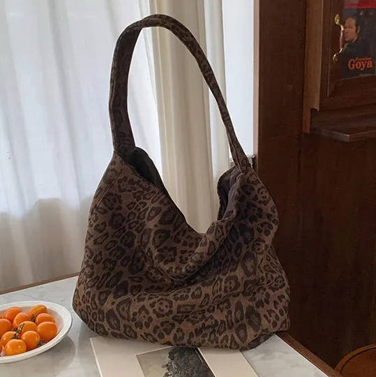 Women Retro Leopard Print Large Capacity PU Shoulder Tote Bag