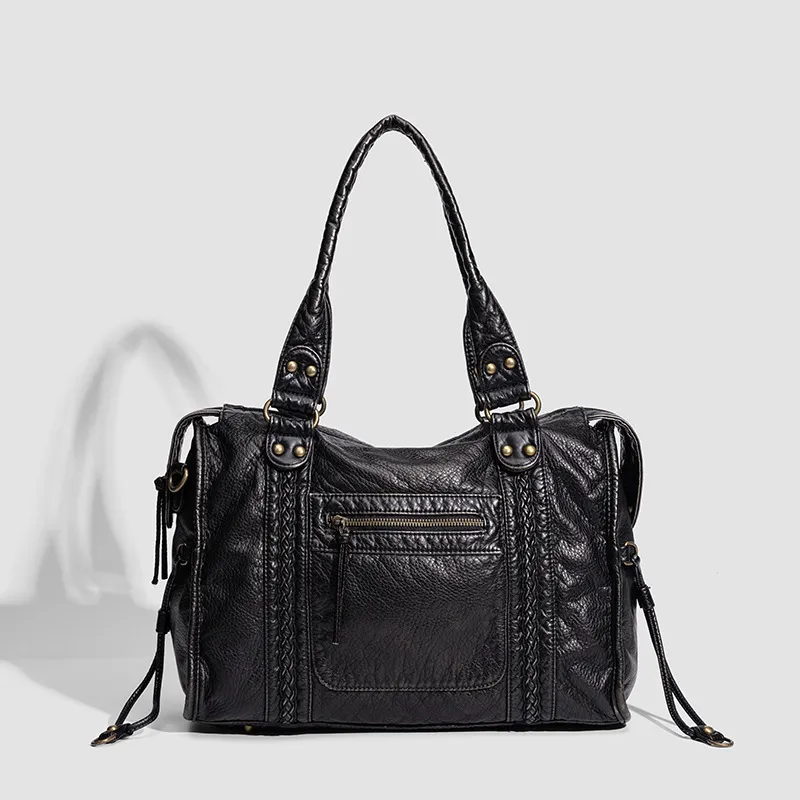 Women Fashion Casual Retro Solid Color Large Capacity Soft PU Tote Shoulder Bag