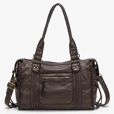 Women Fashion Casual Retro Solid Color Large Capacity Soft PU Tote Shoulder Bag