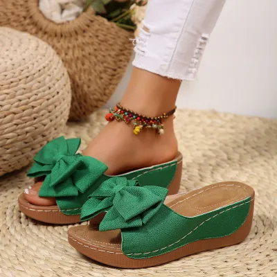 Women Fashion Solid Color Bowknot Peep-Toe Wedge Platform Sandals Cow Suede