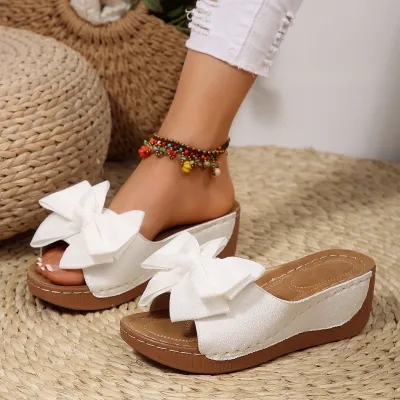 Women Fashion Solid Color Bowknot Peep-Toe Wedge Platform Sandals Cow Suede