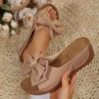 Women Fashion Solid Color Bowknot Peep-Toe Wedge Platform Sandals Cow Suede