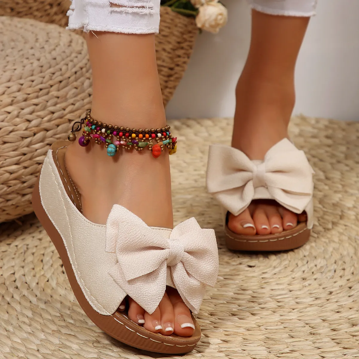 Women Fashion Solid Color Bowknot Peep-Toe Wedge Platform Sandals Cow Suede