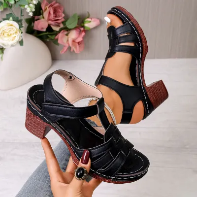 Women Fashion Casual Solid Color Peep Toe Buckle Strap Chunky High Heel Sandals Plus Size