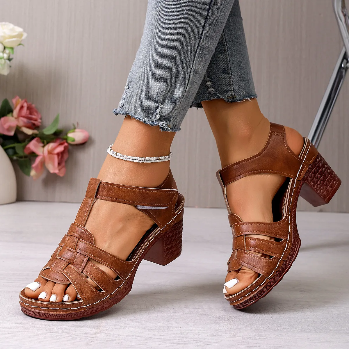 Women Fashion Casual Solid Color Peep Toe Buckle Strap Chunky High Heel Sandals Plus Size
