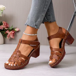 Women Fashion Casual Solid Color Peep Toe Buckle Strap Chunky High Heel Sandals Plus Size