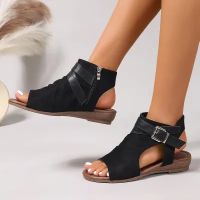 Women's Fashion Casual Solid Color Peep-Toe Side Zipper Wedge Sandals Plus Size
