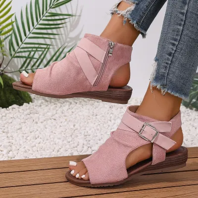 Women's Fashion Casual Solid Color Peep-Toe Side Zipper Wedge Sandals Plus Size