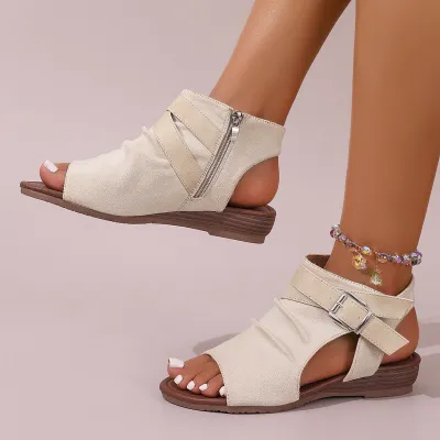 Women's Fashion Casual Solid Color Peep-Toe Side Zipper Wedge Sandals Plus Size