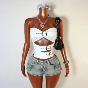Street Women Sexy Strapless Metal Eyelet Hollow Cropped Top
