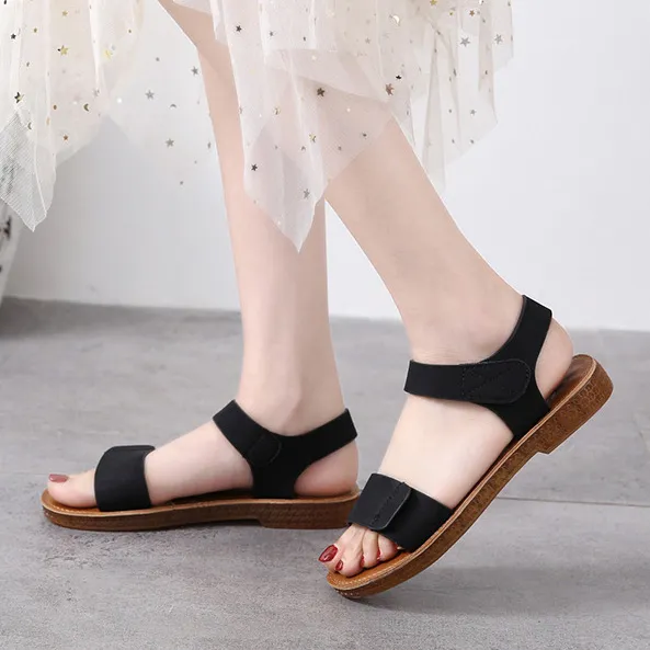 Women Fashion Casual Retro Solid Color Beef Tendon Soft Bottom Velcro Sandals