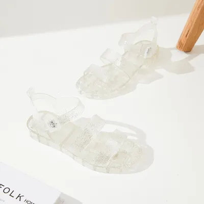 Women Fashion Casual Summer Solid Color Transparent Double Strap Flat Crystal Sandals