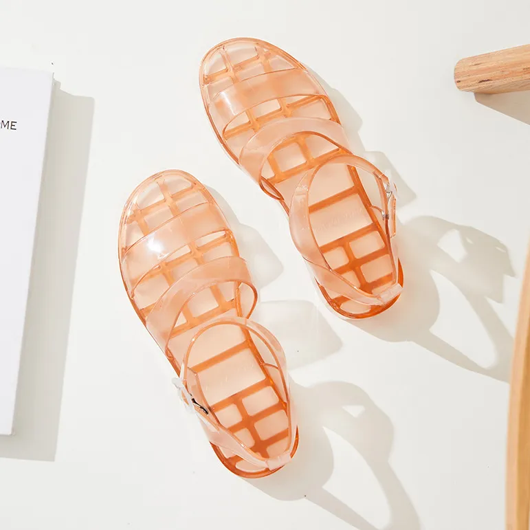 Women Fashion Casual Summer Solid Color Transparent Double Strap Flat Crystal Sandals