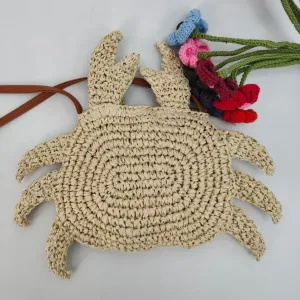 Women Fashion White Crab Woven Straw Beach Oval Crossbody Bag with Zipper
