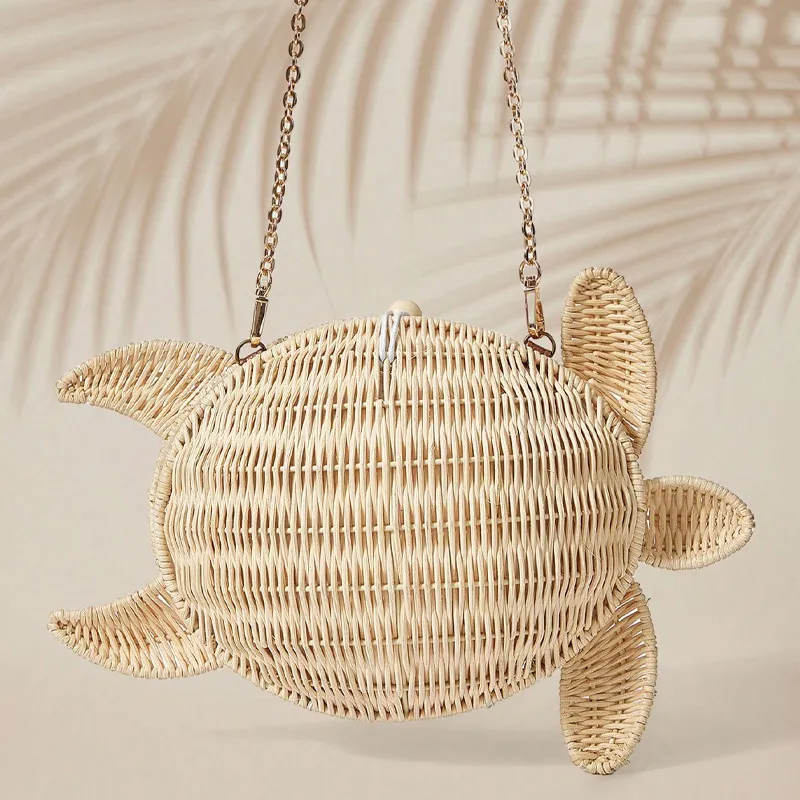 Women Fashion Casual Ocean Series Turtle-Shaped Rattan Hanging Ornaments Straw Crossbody Bag