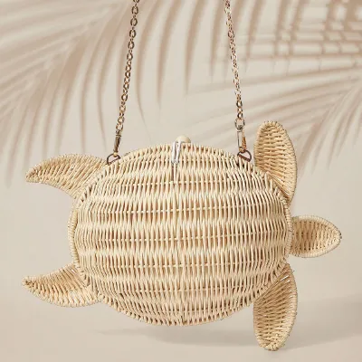 Women Fashion Casual Ocean Series Turtle-Shaped Rattan Hanging Ornaments Straw Crossbody Bag