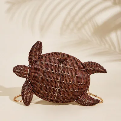 Women Fashion Casual Ocean Series Turtle-Shaped Rattan Hanging Ornaments Straw Crossbody Bag