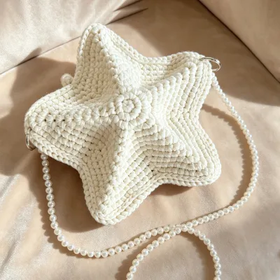 Women Fashion Handmade Woven Star Pearl Chain Straw Crossbody Bag