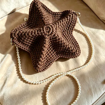 Women Fashion Handmade Woven Star Pearl Chain Straw Crossbody Bag