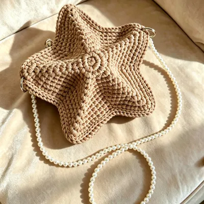 Women Fashion Handmade Woven Star Pearl Chain Straw Crossbody Bag