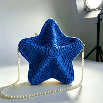 Women Fashion Handmade Woven Star Pearl Chain Straw Crossbody Bag