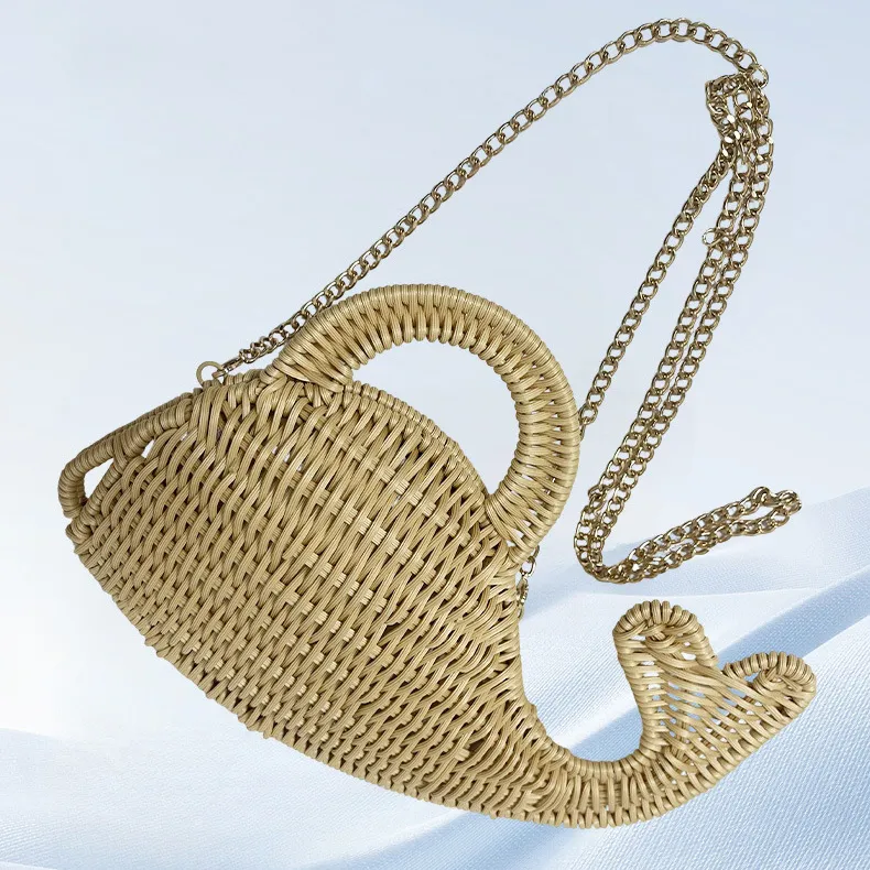 Women Fashion Cute Cartoon Whale Rattan Bag Portable Straw Crossbody Bag