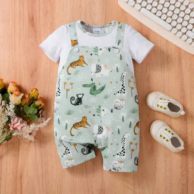 Baby Boys Summer Fashion Printed Fake Two-Piece Stitching Short-Sleeve Rompers