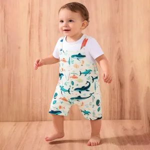 Baby Boys Summer Fashion Printed Fake Two-Piece Stitching Short-Sleeve Rompers