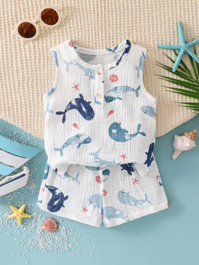 Kids Baby Boys Summer Fashion Printed Breathable Sleeveless Top Shorts Two-Piece Set