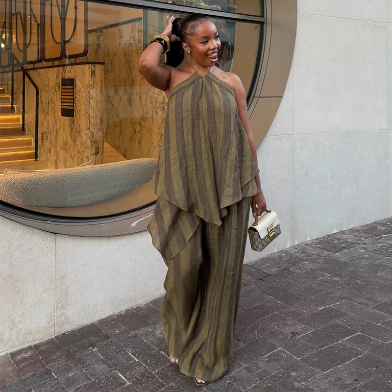 Women Casual Stripe Sleeveless Irregular Top And Wide-Leg Pants Two-Piece Set