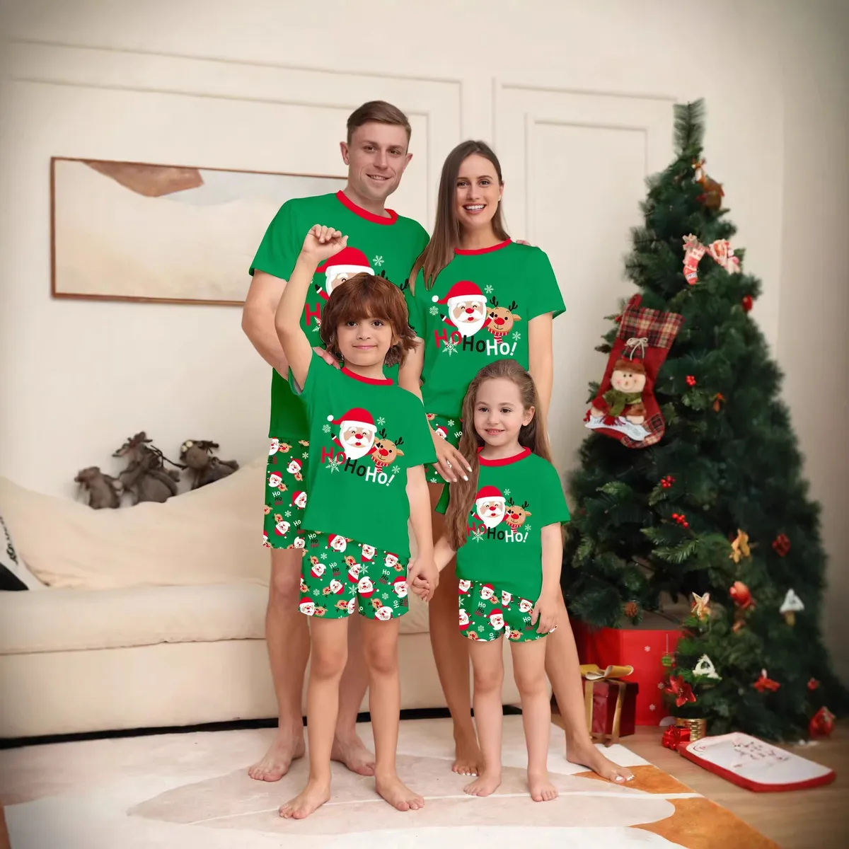 Cartoon Christmas Tree Print Round Neck Short-Sleeve T-Shirt Shorts Unisex Family Matching Pajamas Set Polyester Cotton-Like