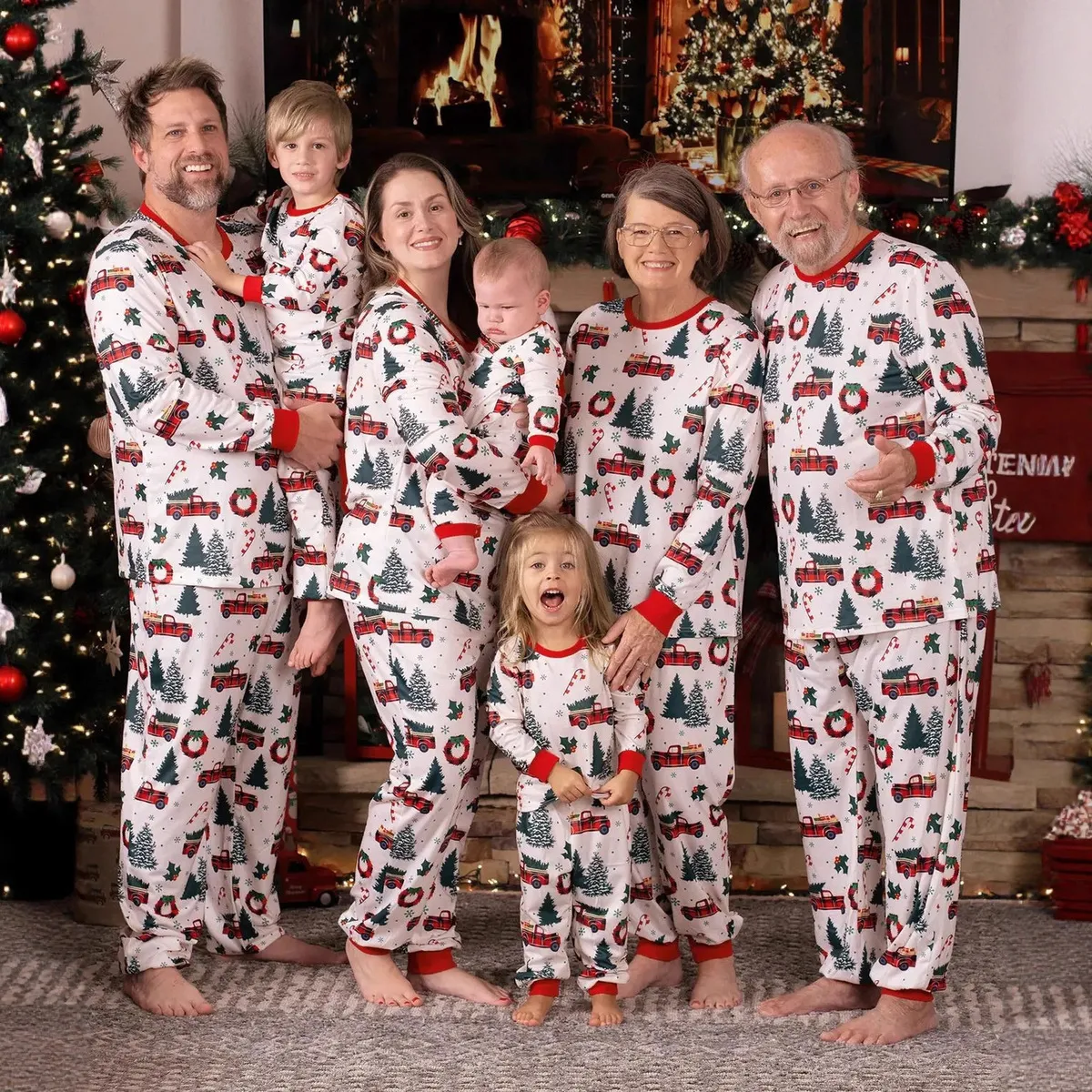 Cartoon Christmas Tree Print Round Neck Long Sleeve Parent-Child Pajama Set for Unisex Kids Family Matching