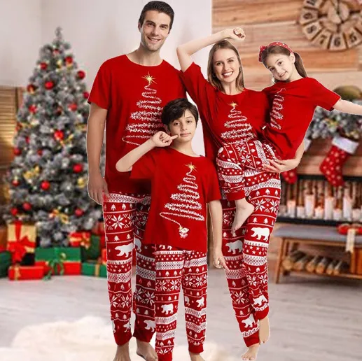 Fashion Cartoon Christmas Tree Printing Round Neck Short-Sleeve Home Parent-Child Pajamas Set