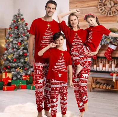 Fashion Cartoon Christmas Tree Printing Round Neck Short-Sleeve Home Parent-Child Pajamas Set