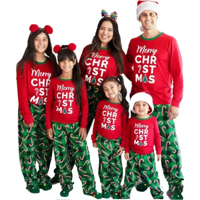 Fashion Cartoon Christmas Tree Print Round Neck Long Sleeve Cotton Cvc Unisex Parent-Child Pajamas Set